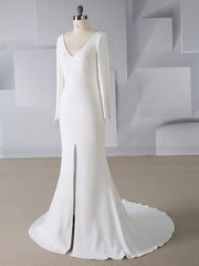 V-neck Stretch Crepe Trumpet/Mermaid Wedding Dress with Split Front and Sweep Train