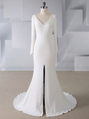 V-neck Stretch Crepe Trumpet/Mermaid Wedding Dress with Split Front and Sweep Train