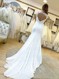 V-neck Stretch Crepe Trumpet/Mermaid Wedding Dresses With Appliques Lace and Sweep Train