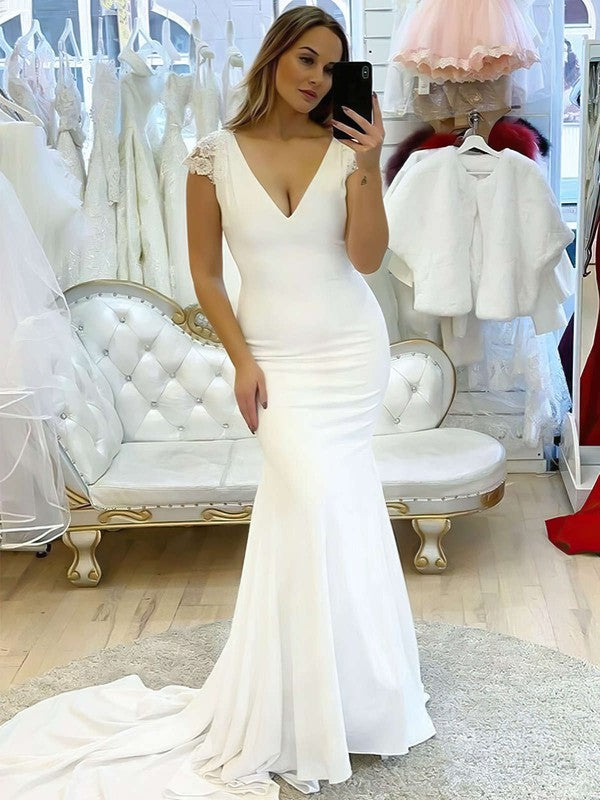 V-neck Stretch Crepe Trumpet/Mermaid Wedding Dresses With Appliques Lace and Sweep Train