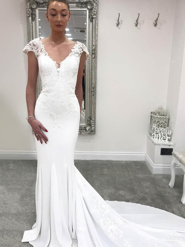 V-Neck Trumpet/Mermaid Wedding Dress with Appliques Lace and Stretch Crepe Sweep Train