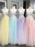 V-neck Tulle Appliques Lace Prom Dress - Princess Sweep Train Ball Gown