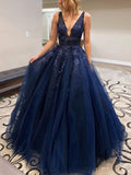 V-neck Tulle Appliques Lace Prom Dress - Princess Sweep Train Ball Gown