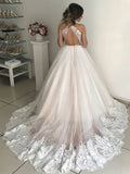 V-neck Tulle Ball Gown Wedding Dress With Appliques Lace for Court Train