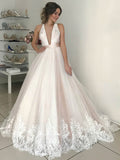 V-neck Tulle Ball Gown Wedding Dress With Appliques Lace for Court Train