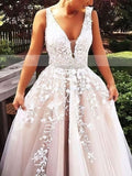 V-neck Tulle Beading Ball Gown/Princess Floor-length Prom Dresses