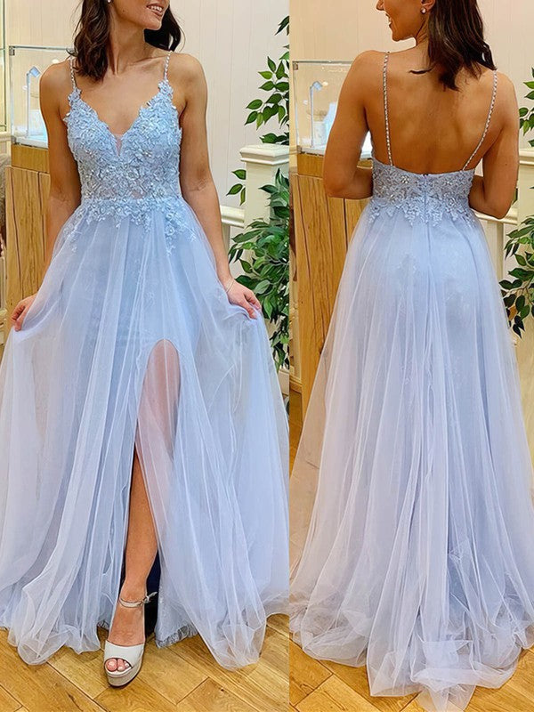 V-neck Tulle Beading Prom Dresses in A-line Floor-length