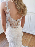 V-neck Tulle Chapel Train Wedding Dress With Appliques Lace for Trumpet/Mermaids