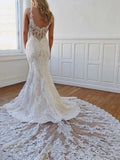 V-neck Tulle Chapel Train Wedding Dress With Appliques Lace for Trumpet/Mermaids