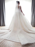 V-neck Tulle Chapel Train Wedding Dress with Pearl Detailing