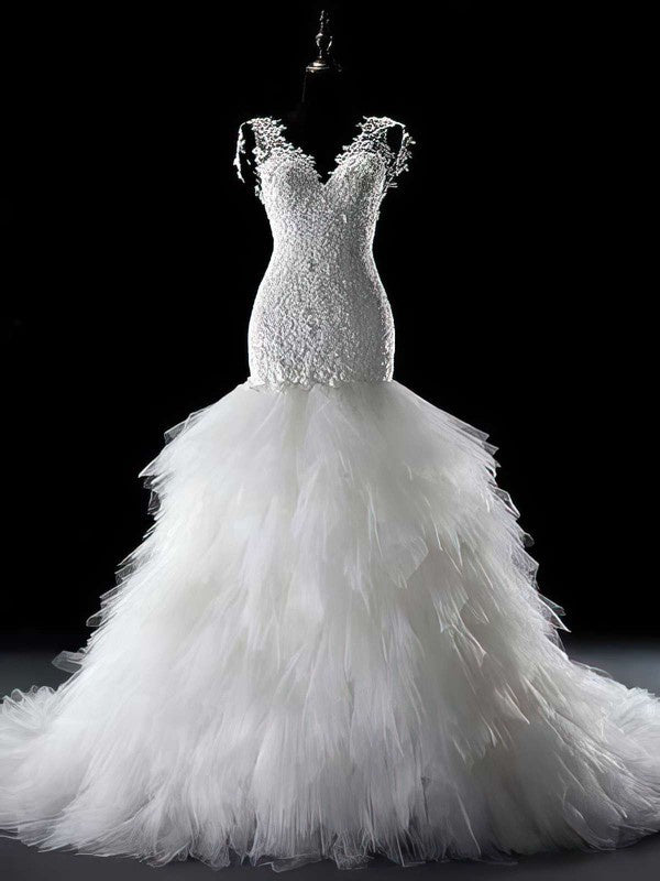 V-Neck Tulle Chapel Train Wedding Dress with Tiered Trumpet/Mermaid Look