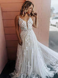 V-neck Tulle Court Train Wedding Dress with Appliques Lace - Ball Gown Style