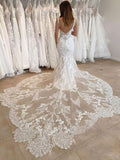 V-neck Tulle Court Train Wedding Dress with Appliques Lace - Trumpet/Mermaid Style