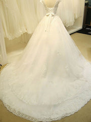 V-neck Tulle Court Train Wedding Dress with Lace Appliques