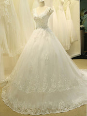 V-neck Tulle Court Train Wedding Dress with Lace Appliques