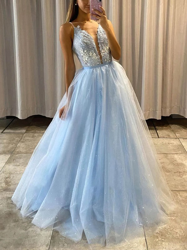 V-neck Tulle Glitter Appliques Lace Prom Dresses for Ball Gown/Princess Floor-length