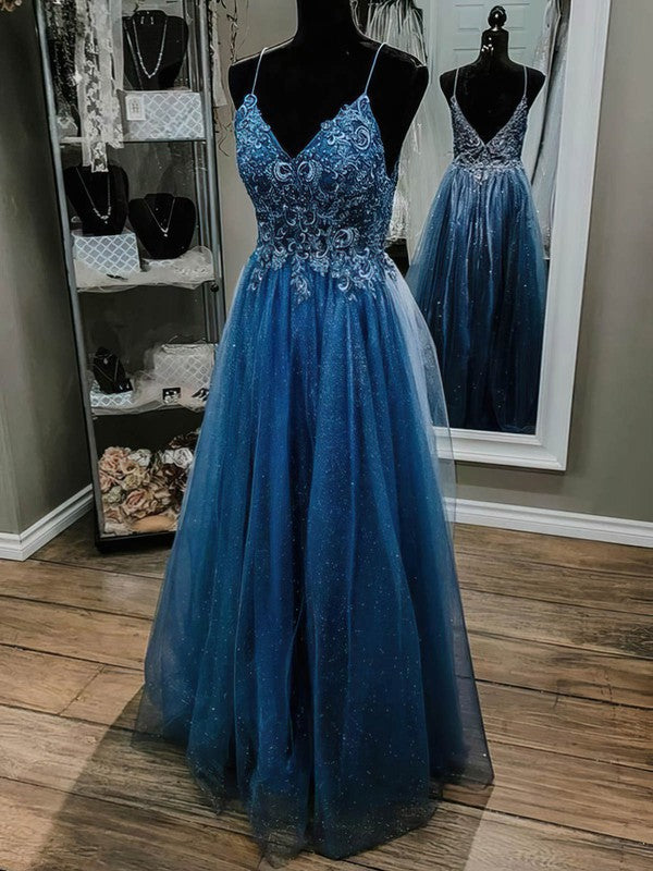 V-neck Tulle Glitter Floor-length Prom Dress with Appliques Lace