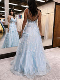 V-neck Tulle Prom Dress with Flowers - Ball Gown/Princess Look