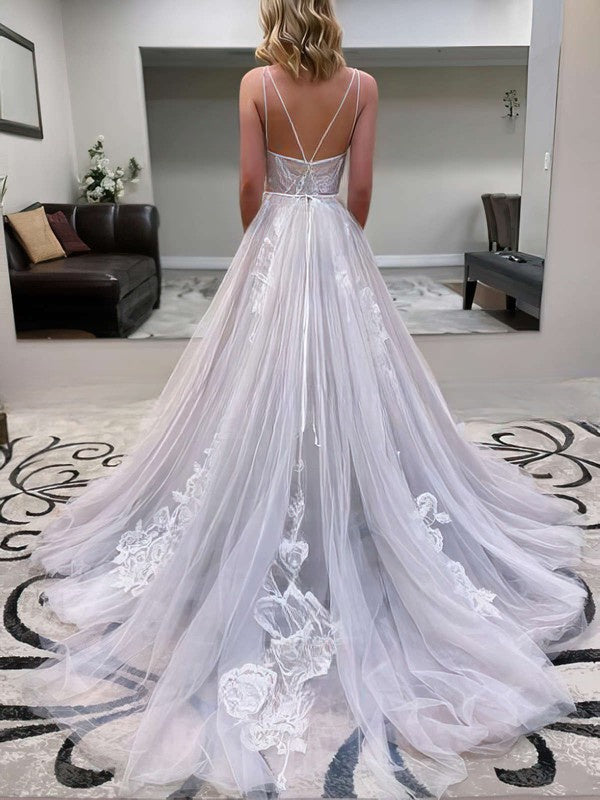 V-neck Tulle Sweep Train Wedding Dress with Appliques Lace - Ball Gown