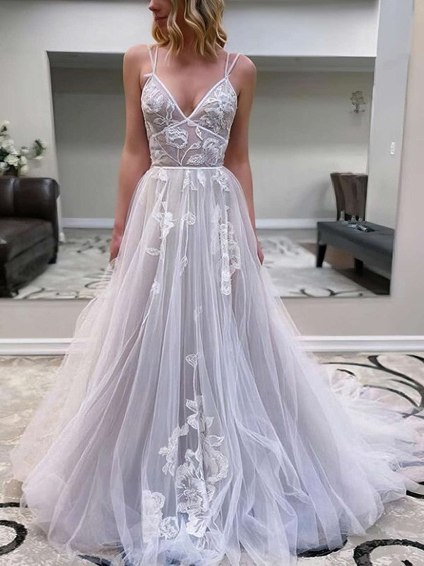 V-neck Tulle Sweep Train Wedding Dress with Appliques Lace - Ball Gown