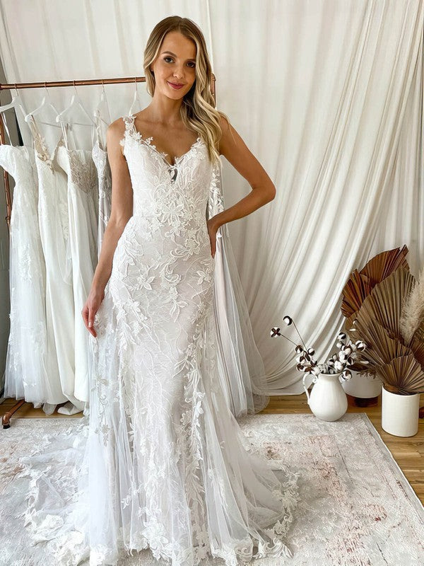 V-neck Tulle Sweep Train Wedding Dress with Appliques Lace for Trumpet/Mermaid