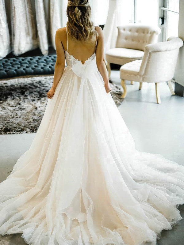 V-Neck Tulle Sweep Train Wedding Dress with Bow for Ball Gown Look