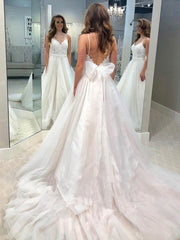 V-Neck Tulle Sweep Train Wedding Dress with Bow for Ball Gown Look