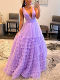 V-neck Tulle Tiered Ball Gown Princess Prom Dress