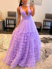 V-neck Tulle Tiered Ball Gown Princess Prom Dress