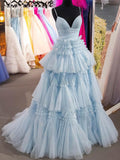 V-neck Tulle Tiered Prom Dresses - Ball Gown/Princess Sweep Train