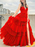 V-neck Tulle Tiered Prom Dresses - Ball Gown/Princess Sweep Train